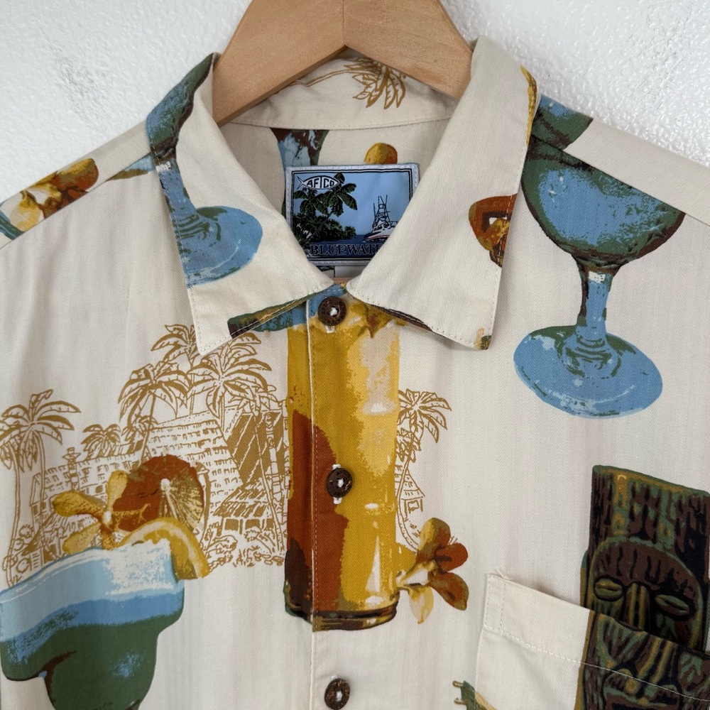 AFTCO Bluewater Tiki Cocktails Hawaiian Shirt Cotton Rayon Handcrafted USA Large - Picture 3 of 15